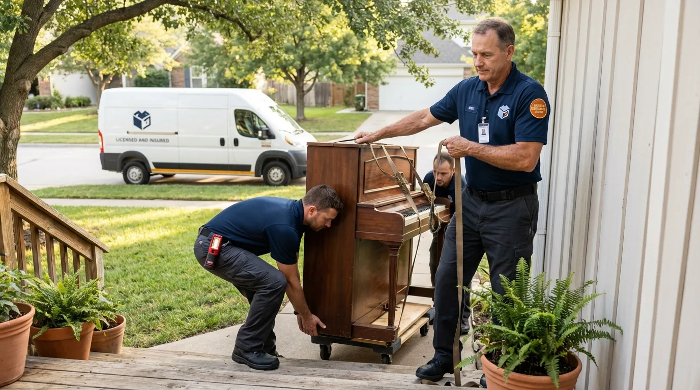 Licensed piano movers securing grand piano in Sacramento, CA