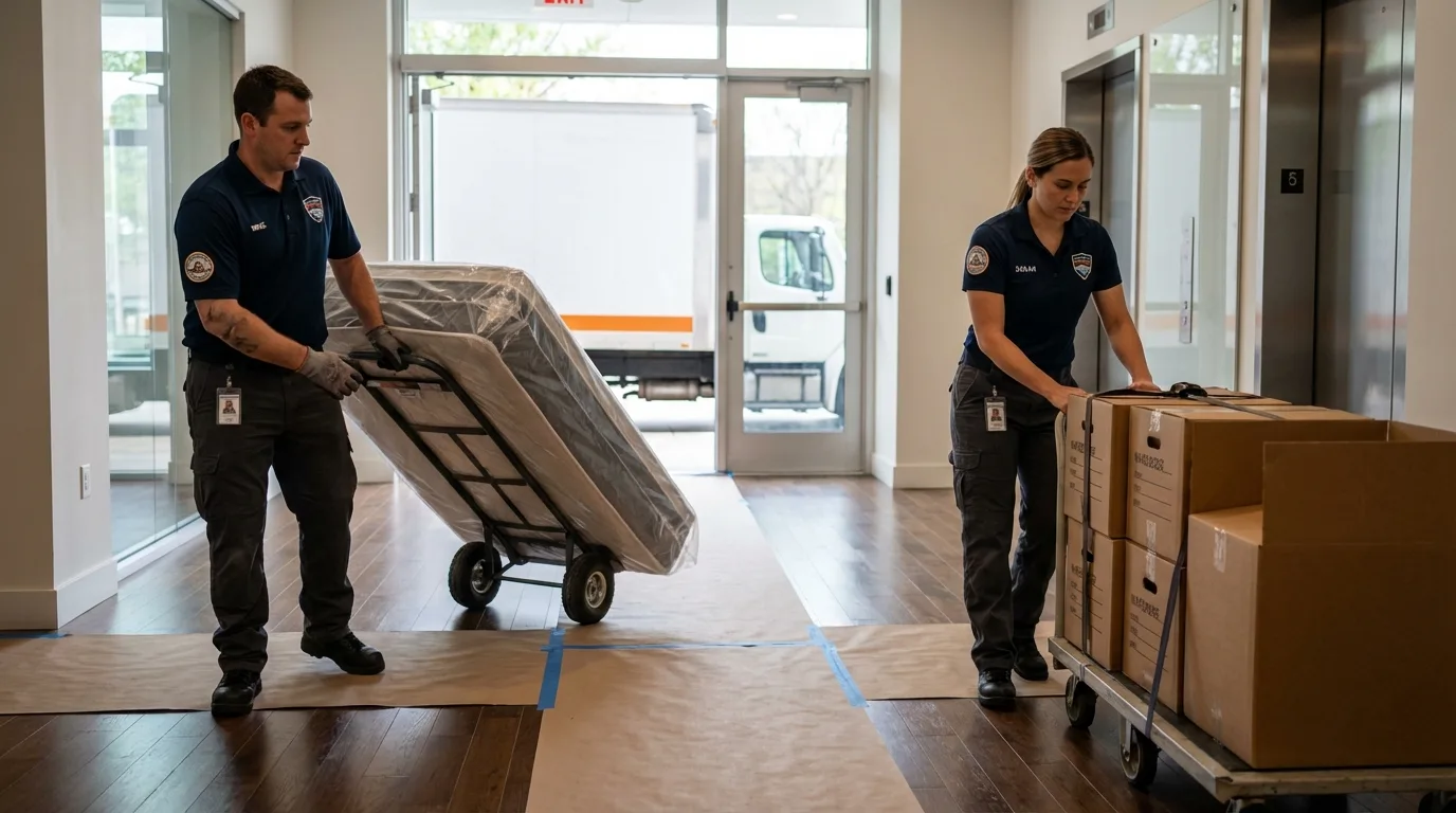 Professional apartment movers loading elevator in Sacramento, CA